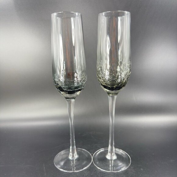 Pier 1 Smokey Black Crackle Glass Flute Drinking Glasses Set 2 Clear Bottom - Picture 12 of 13